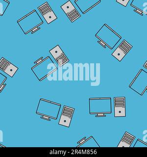 Seamless pattern, texture of modern powerful digital office computers with a monitor and a rectangular system unit, technology isolated on a blue back Stock Vector