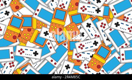 Seamless pattern endless with portable game consoles and joysticks, electronic toys old retro vintage hipster from 70s, 80s, 90s isolated on white bac Stock Vector