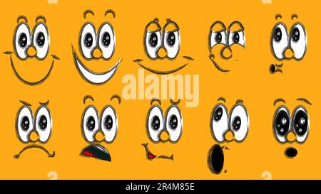 A set of emoji, a set of emotions of funny faces with big eyes with different emotions: joy, sadness, fear, surprise, smile, cry, doubt painted black Stock Vector