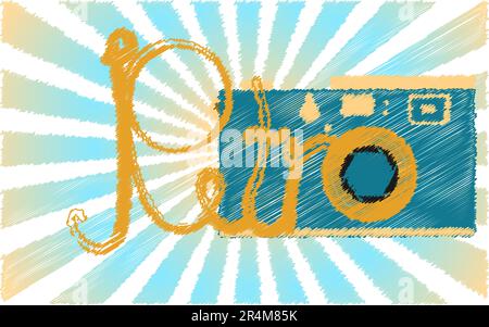 A blue retro, hipster, antique, old, antique camera painted in a stroked style and a retro word against the blue rays. Vector illustration. Stock Vector