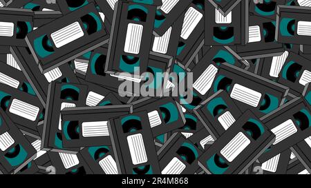 Texture, seamless pattern of old retro wines gray antique analog hipster film video cassettes for a video recorder with a magnetic film for watching m Stock Vector