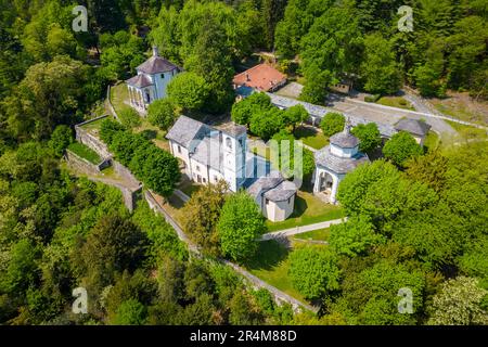 Aerial view of the Sacro Monte di Ghiffa on Lake Maggiore in the spring. Maggiore Lake, Province of Verbania, Piedmont, Italy. Stock Photo