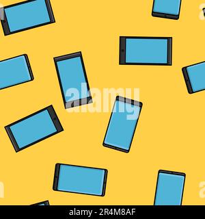 Texture of seamless pattern of modern gadgets digital mobile phones smartphones new in flat style devices isolated on a yellow orange background. Vect Stock Vector