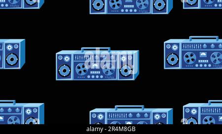 Seamless pattern endless with music audio cassette old retro tape recorders vintage hipster from 70s, 80s, 90s isolated on blue background. Vector ill Stock Vector