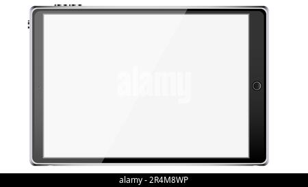 Big black realistic mobile smart touch-sensitive slim tablet computer frame with metal face with glossy blank glowing screen isolated on white backgro Stock Vector