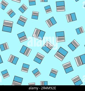 Seamless pattern, texture of modern powerful digital computer mobile laptops with keyboard, technology isolated on blue background. Stock Vector