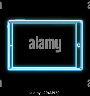 A beautiful abstract neon bright glowing icon, a signboard from a modern smart tablet with a touch screen and copy space on a black background. Vector Stock Vector