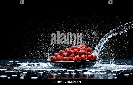 Raspberries splashing into water on black background. Raspberries falling in water with splash. Red ripe delicious raspberries with splashes and drops Stock Photo