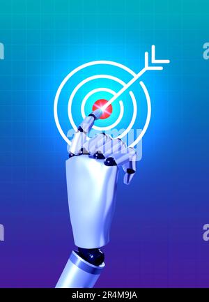 Business goal and technology with artificial intelligence concepts. Smart robot hand pointing on a big target dart icon on blue background, vertical s Stock Photo