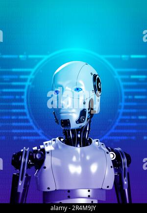 Humanoid robot portraits looking smart on binary code and circuit symbol on blue background, vertical style. Futuristic AI human cyborg, artificial in Stock Photo