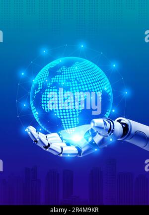 3d rendering robot hand holding digital world virtual hologram with data connection on blue network background with city buildings. Ai humanoid, artif Stock Photo