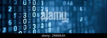 Blue digital binary data code on screen. Abstract tech binary code background in color blue, digital binary data and secure data concept. Close-up sha Stock Photo