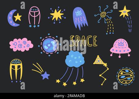 Outer Space cute cosmic hand drawn doodles set. Stock Vector