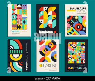 Bauhaus posters with geometric abstract patterns, minimal modern covers, vector templates. Bauhaus posters or backgrounds with retro shapes and simple Swiss art or vintage geometric abstract pattern Stock Vector