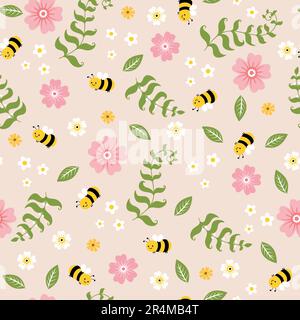 Seamless pattern with flowers, leaves and funny bee on pink background Stock Vector