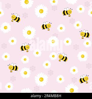 Seamless pattern with funny bees, white flowers and honey. Cartoon background with natural element in cartoon style. Stock Vector