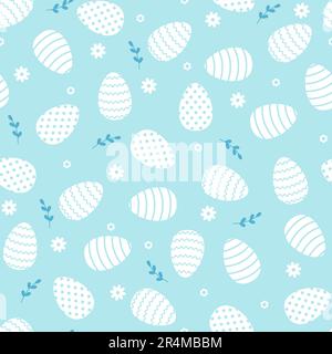 Easter Eggs with flowerss and leaves pattern. Easter holidays on blue background. Stock Vector