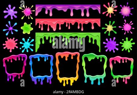 Cartoon colorful slime frames. Melt splashes and blobs. Vector liquid goo of purple, green, red and blue blots. Dripping Halloween textures, isolated mucus borders, poisonous toxic viscosity splotches Stock Vector