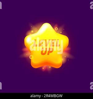 Game level up reward, star rate icon or golden badge, vector GUI rank. Game level up golden star reward with shine for next level achievement, bonus award or winner trophy, cartoon game popup asset Stock Vector