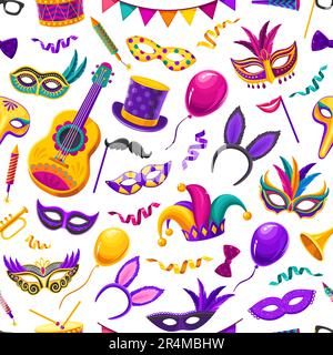 Brazil carnival seamless pattern. Fabric or textile vector print, wrapping paper backdrop with festival or carnival mask, jester hat, confetti and garland, guitar, drum and trumpet musical instrument Stock Vector