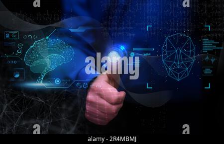 A man touches the fingerprint scanner icon. Concept of security of network and Internet services, data security, defence. Stock Photo