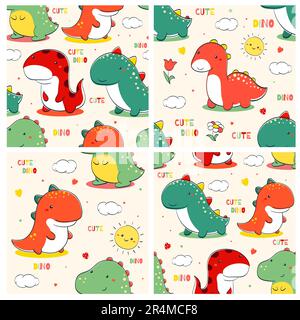 Kids collection of cute dino print.  Set of seamless pattern with little cartoon dinosaurios. Endless texture can be used for textile pattern fills, t Stock Photo