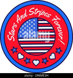 Festive round sticker decal with Circle Badge in colors of American flag. United States July 4th Independence Day holiday festive inscription badge em Stock Vector