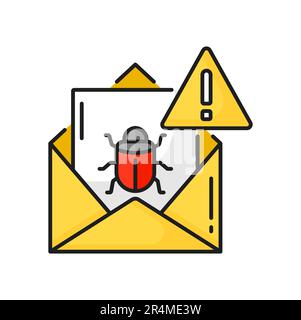 Virus in email, cyber attack computer bug message color line icon. Vector email scam, virus infected letter message notification, attention sign Stock Vector