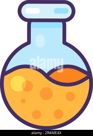 Glass sphere flask, test tube. Experiment sphere vessel with yellow chemical liquid. Conducting experiments and analysis in chemistry. Simple cartoon Stock Vector