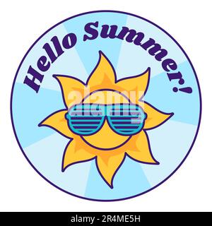 Festive round sticker decal with Hot sun in fashionable striped party glasses and Hello Summer inscription. Holiday festive badge emblem. Color vector Stock Vector