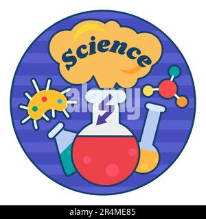 School round sticker decal with test tubes and flasks in chemical laboratory class in chemistry and Science Lab inscription. Holiday festive badge emb Stock Vector