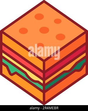 Appetizing cube shaped hamburger with fresh toasted bread, juicy beef patty, cheese slice and lettuce. Outline Isometric Icon. Vector in thick stroke Stock Vector