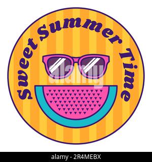 Summer round sticker decal with Cheerful watermelon smiles from ear to ear and Sweet Summer Time inscription. Holiday festive badge emblem. Color vect Stock Vector