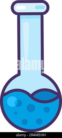 Glass flask icon with long neck. Spherical vessel with blue chemical liquid inside. Conducting experiments and analysis in chemistry. Simple cartoon o Stock Vector
