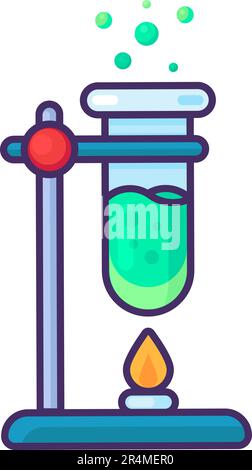 Chemical test tube with green boiling liquid inside fixed in tripod over alcohol burner. Conducting experiments and analysis in chemistry. Simple cart Stock Vector