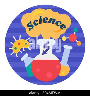 School round sticker decal with test tubes and flasks in chemical laboratory class in chemistry and Science Lab inscription. Holiday festive badge emb Stock Vector