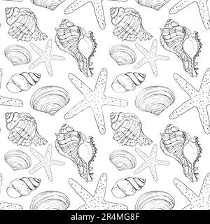 Hand drawn vector illustrations - seamless pattern of seashells. Marine background. Perfect for invitations, greeting cards, posters, prints, banners, Stock Photo