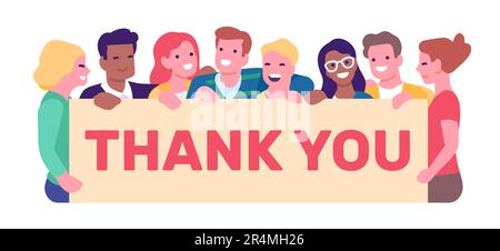 Group of young people holding placard saying thank you. Thanking doctors and police. Thankful men and pleased women. Gratitude poster. Appreciation to Stock Vector