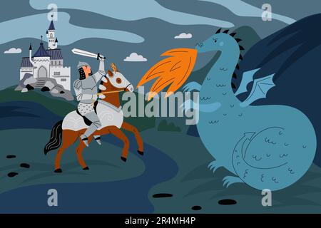 Fairy tale castle and flying dragon with red wings in wasteland ...
