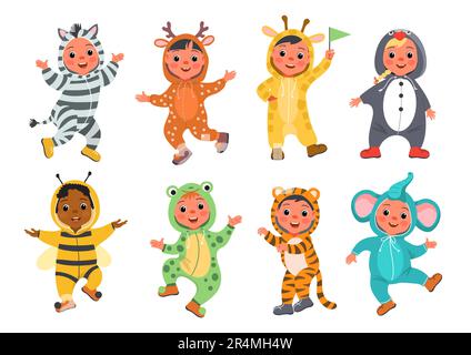 Kids animal dress. Funny children in cute pajamas and suits. Happy boys and girls. Carnival wears. Different kigurumi costumes. Halloween and birthday Stock Vector