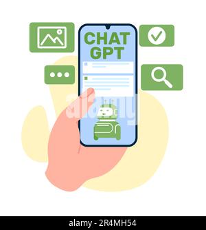 Corresponding with AI chatbots such as Chat GPT using artificial intelligence. Hand hold smartphone with application display, icons on screen. Cartoon Stock Vector