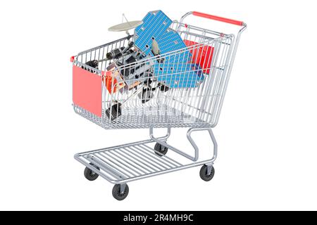 Planetary rover inside shopping basket, 3D rendering isolated on white ...