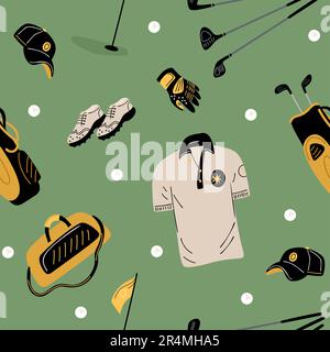 Pattern with golf elements. Sport accessories. Golf club and ball, t-shirt. Decor textile, wrapping paper, wallpaper design. Print for fabric. Cartoon Stock Vector