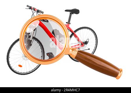 Sport bicycle with magnifying glass. 3D rendering isolated on