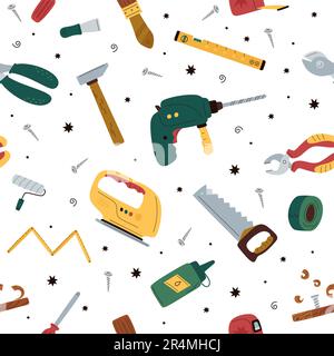 Pattern with tools. Seamless background with saw drill and hammer. Cartoon flat style isolated on white elements. Decor textile, wrapping paper Stock Vector
