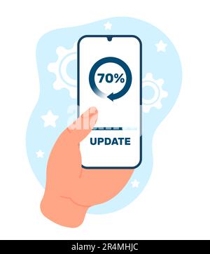 Smartphone updating system. Installing software. Application upgrade process. Device in hand. Update online service. Mobile technology. Download app Stock Vector