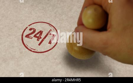 24 by 7 24 hour a day service stamp and stamping hand. 24h round the clock concept. Stock Photo