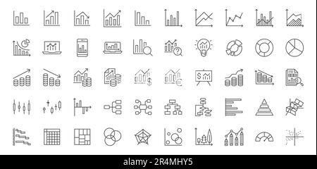 Chart line icons set. Graph, finance report, income growth, economy statistic, gantt diagram, infographic, mind map, data visualization vector Stock Vector