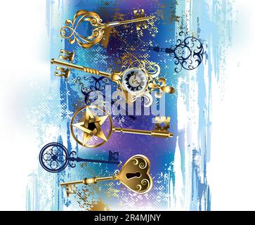 Composition of gold, shiny, jewelry, antique keys on painted blue and purple painted, picturesque background. Gold key. Stock Vector