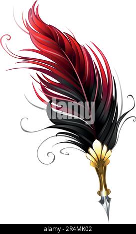 Artistically drawn, antique fountain pen embellished with dark red feather on white background. Stock Vector